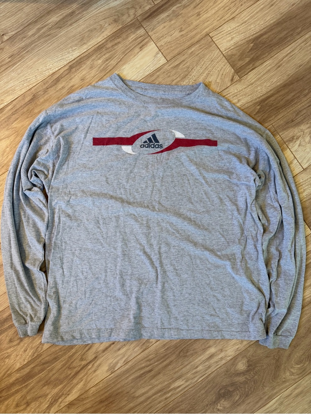adidas Men’s Light Gray Long Sleeve Crew with Red Logo Stripe